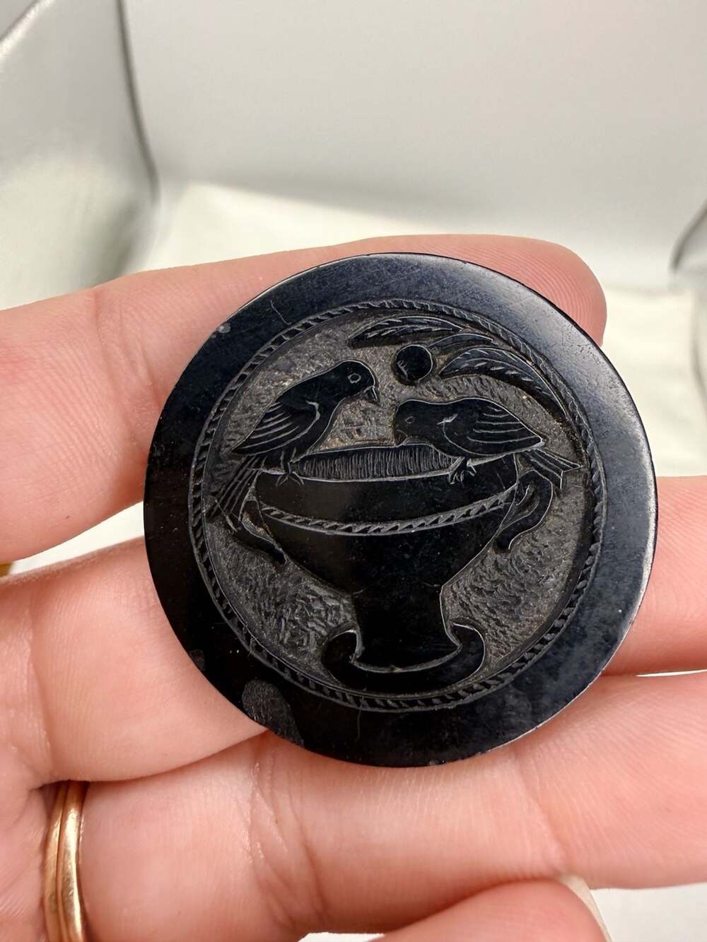 Victorian Carved Mourning Brooch Birds And Urn